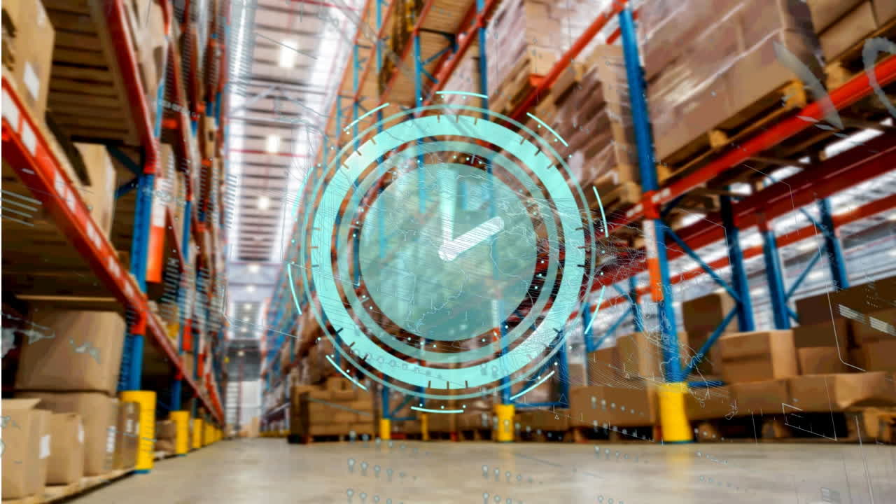 animación del reloj y la red de conexiones sobre los estantes en el almacén
