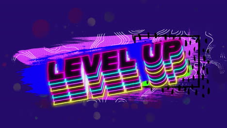 animation of level up text over colorful shapes and graphics on blue background
