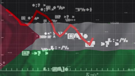 Animation-of-red-line-and-financial-data-processing-over-flag-of-palestine