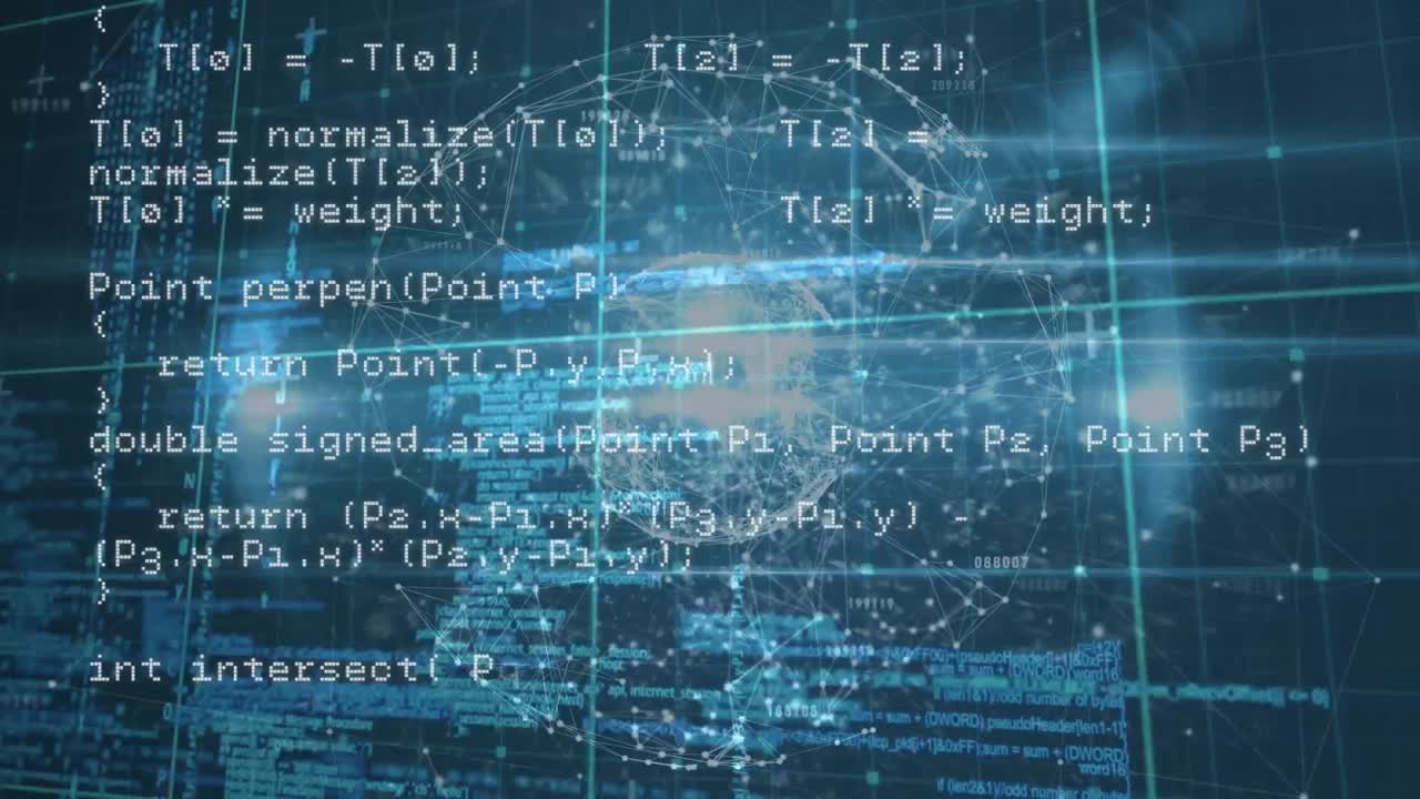 파란색 배경에 대한 연결 네트워크의 전 세계 데이터 처리의 애니메이션