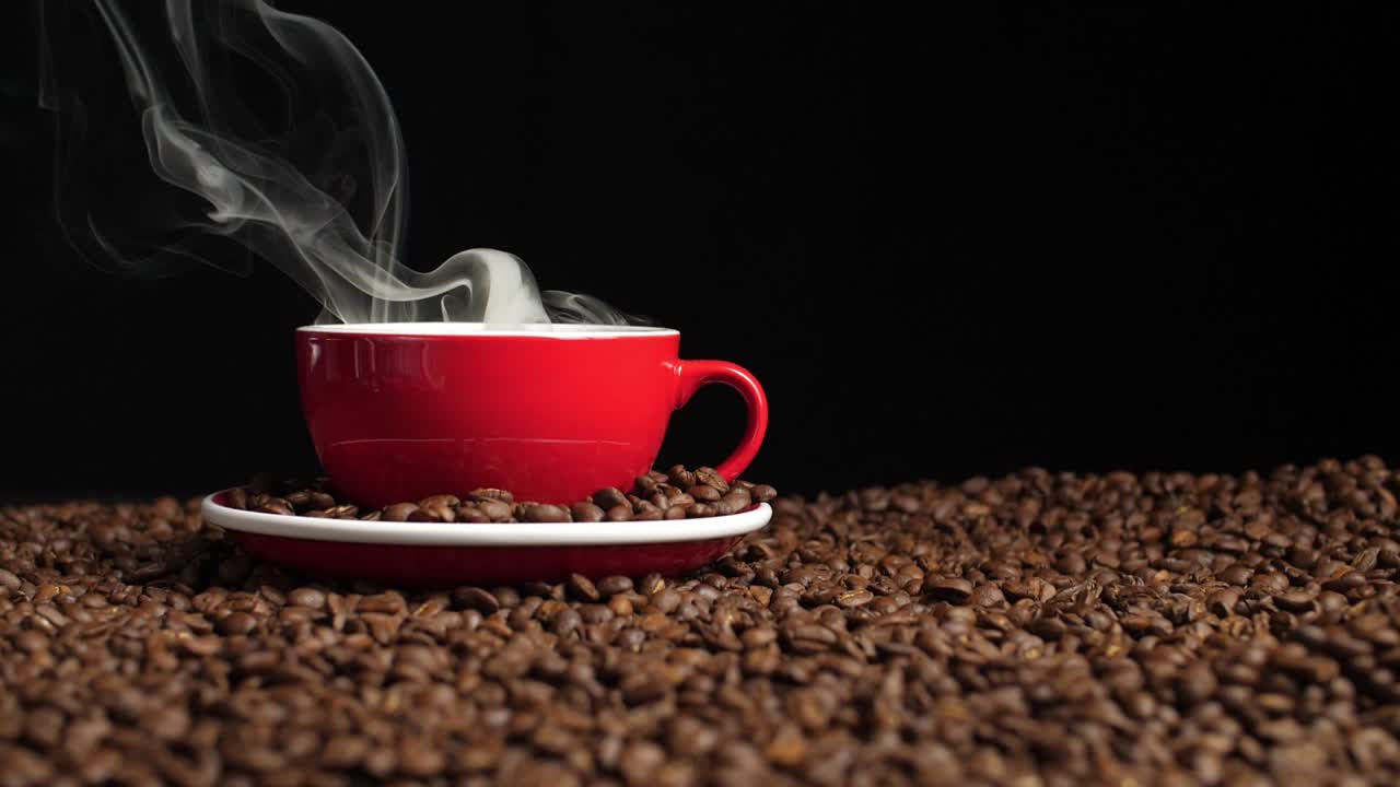 Cup Of Coffee On Coffee Beans, Slow Motion