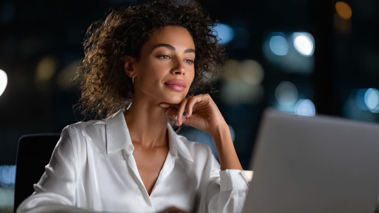 Focused Professional Working Late at Night with Laptop: A Woman Engaged in Thoughtful Tasks Under Soft Ambient Lighting