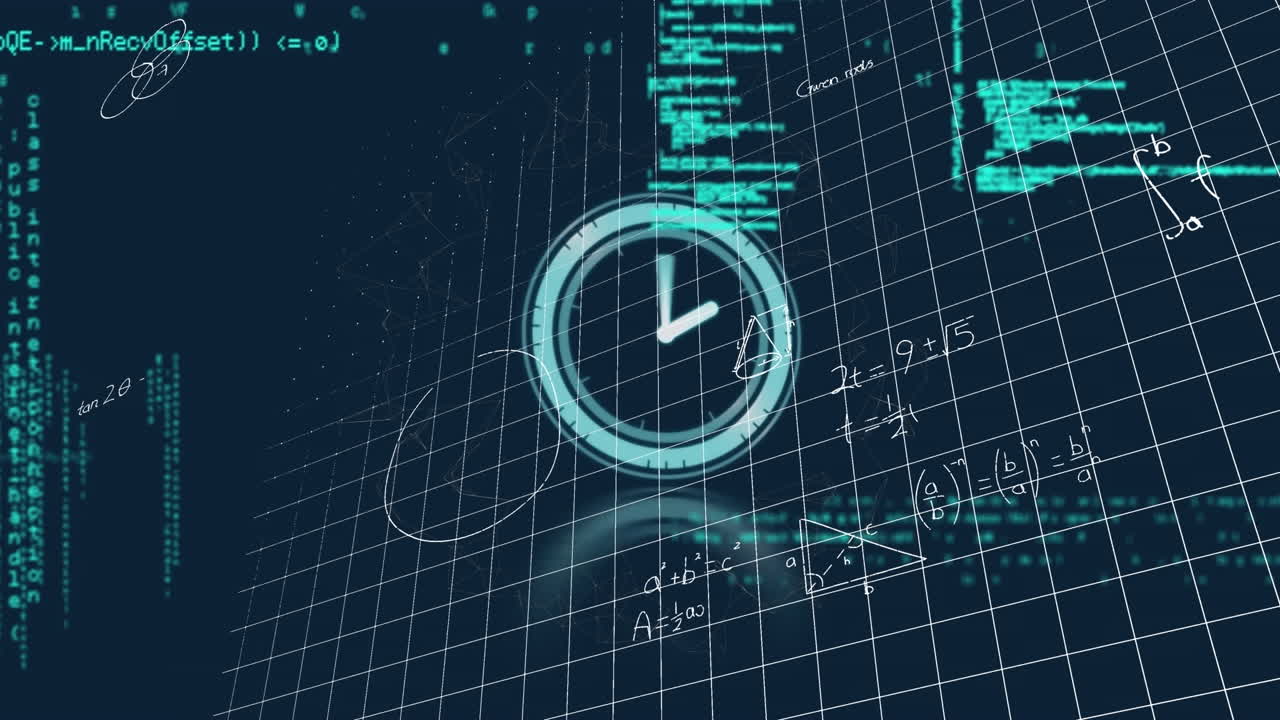 animación de reloj sobre datos y fórmulas matemáticas en fondo naval