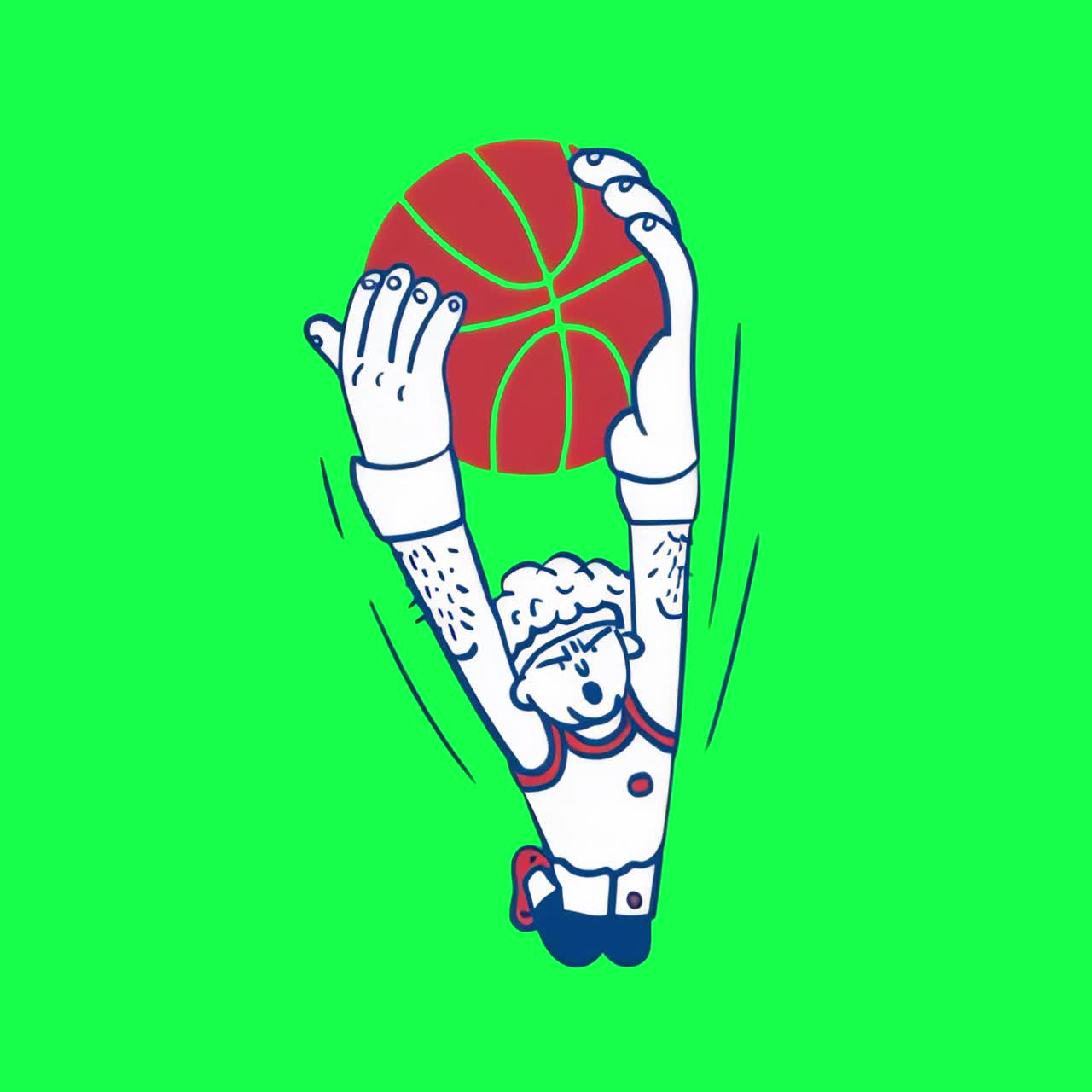 Animazione di giocatore di basket cartone animato che schiaccia, video 4K trasparente, schermo verde