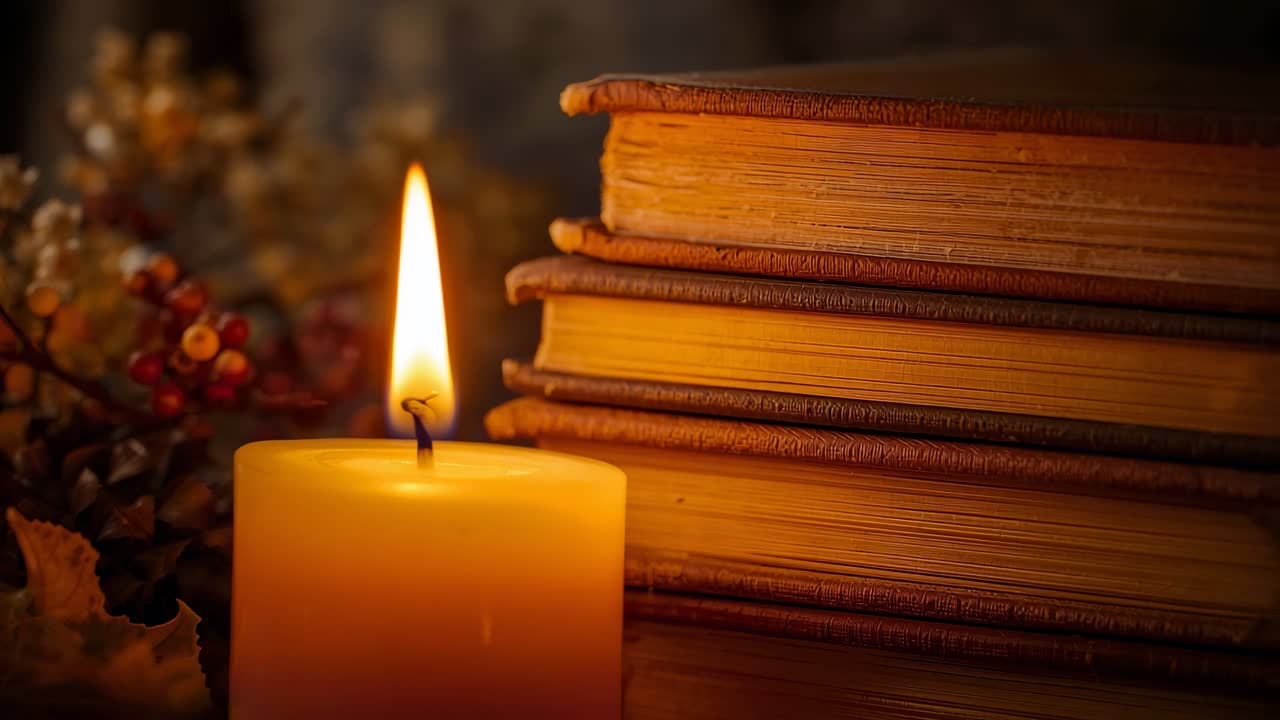 Dancing candle flame tilting from drafts on wood table, with pinecone, berries, books, copy space