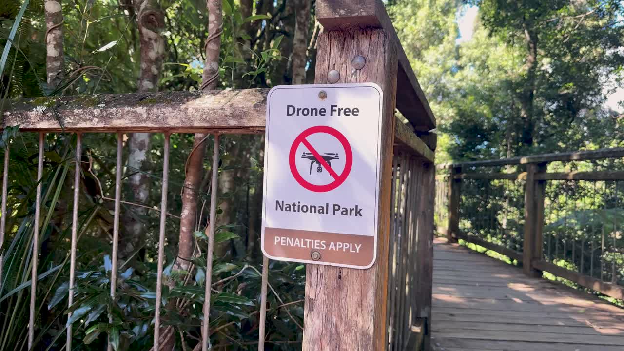 A handheld camera moves past a 'Drone Free National Park' sign on a wooden boardwalk surrounded by lush forest, under bright natural daylight