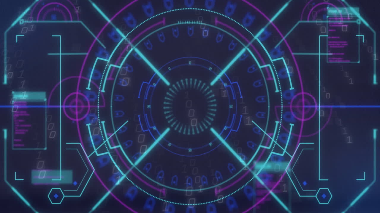 Interfaccia digitale futuristica con forme geometriche e animazione di elaborazione dati