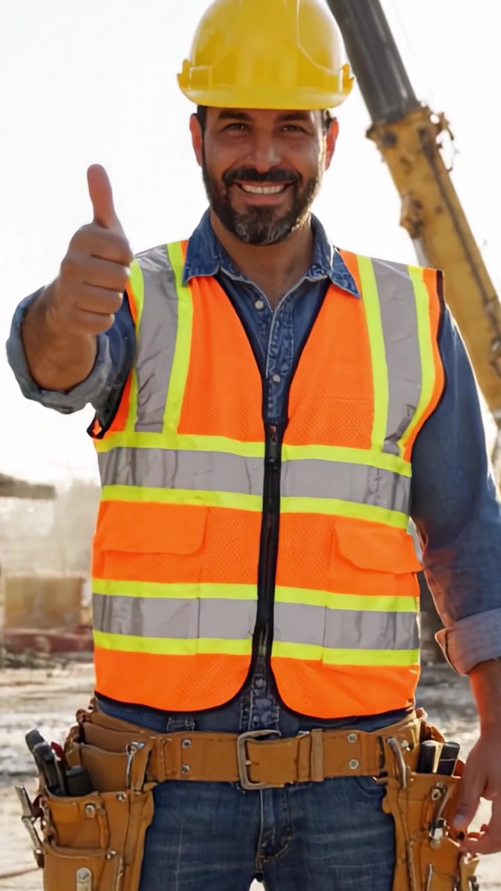Un alegre trabajador de la construcción posando con confianza en una obra con equipo de seguridad de alta visibilidad, mostrando profesionalismo y entusiasmo por su oficio.