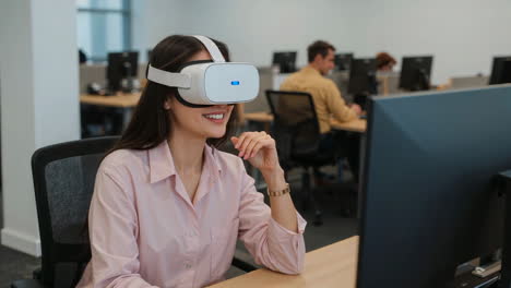 woman using virtual reality headset in a modern office