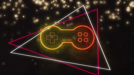 animation of neon video game console and triangles over glowing spots