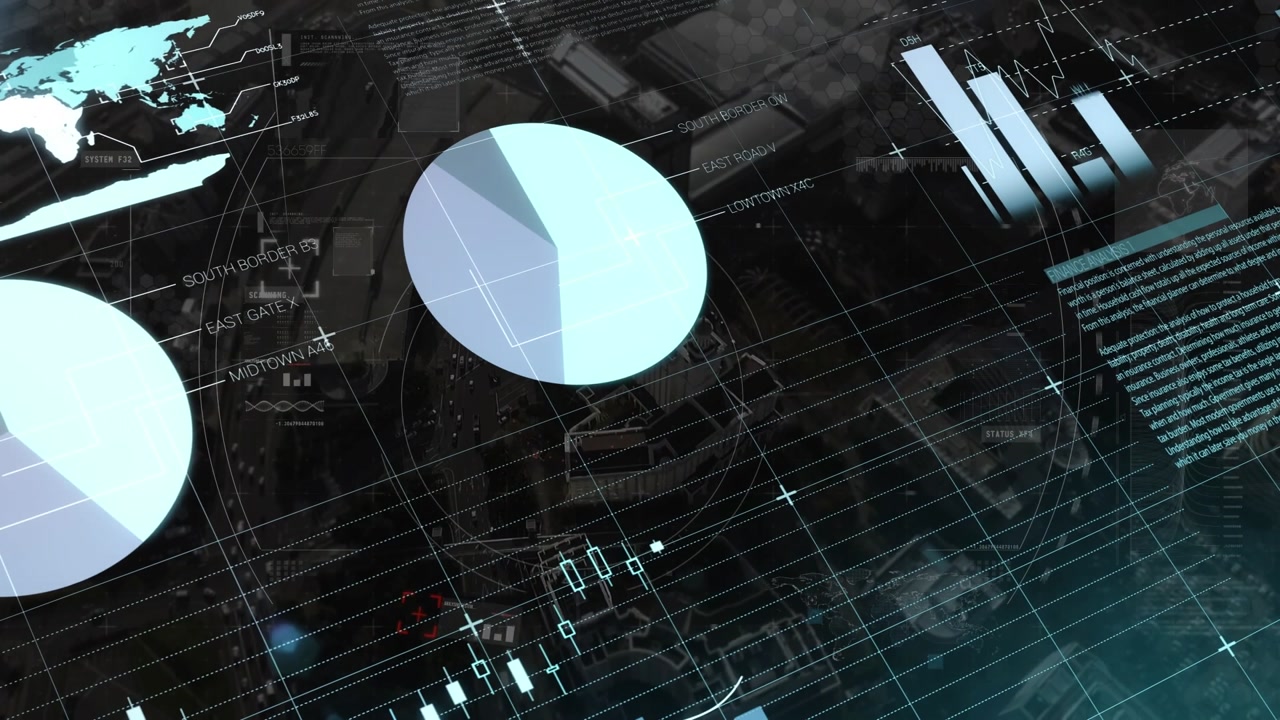 Animation of financial data processing over scope scanning and cityscape