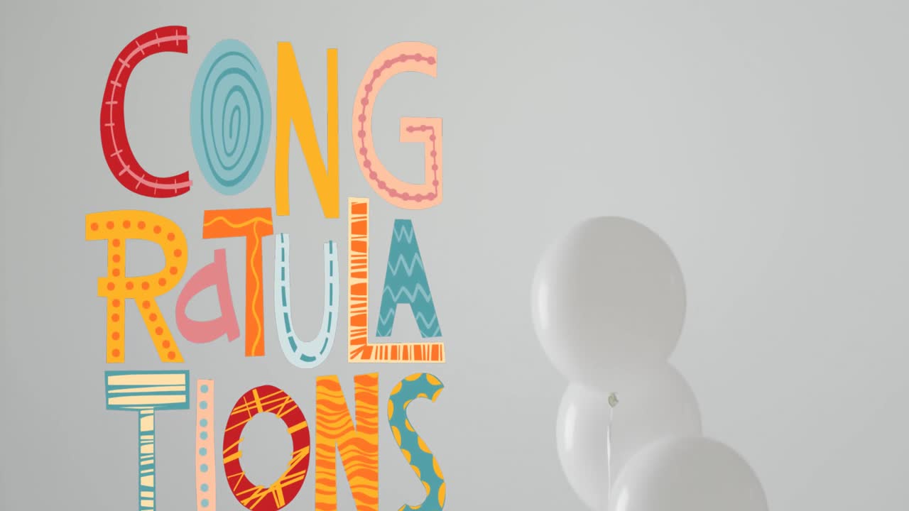 Animation of congratulations text over party white balloons in background