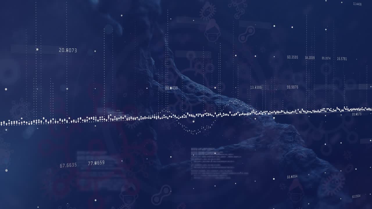 Animation of data processing over dna structure and covid-19 cell icons against blue background
