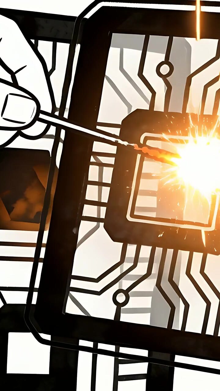 Video verticale: Contatto con un pad del circuito, mano che tiene una sonda che scintilla su un chip su scheda, spazio per il testo.