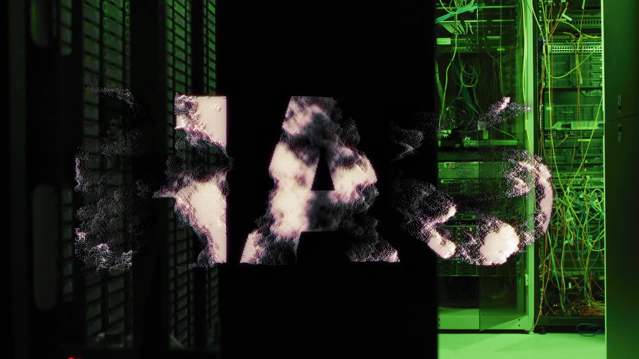 hacer animación de texto sobre la sala del servidor con iluminación verde