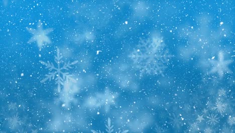 animation of snow falling over snowflakes and stars on blue background