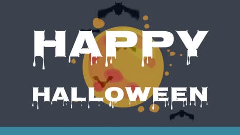 Happy-halloween-with-melting-effect-and-covid-19-cell-over-bats-flying-against-grey-background