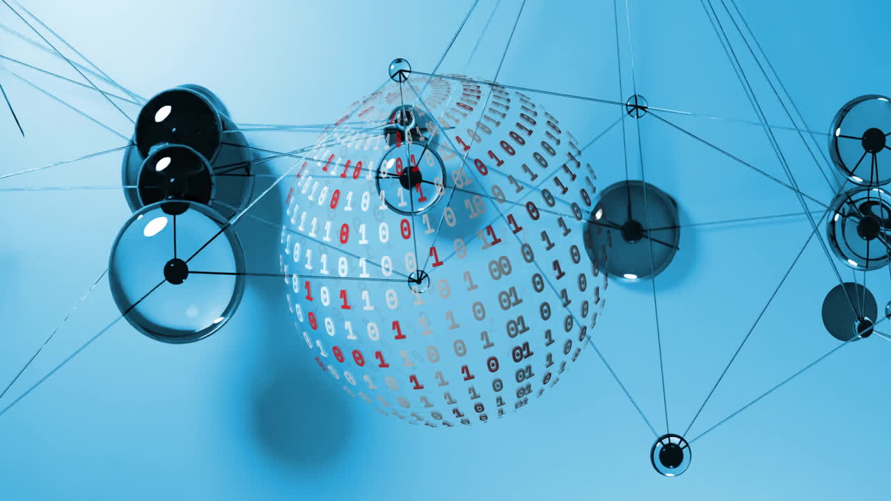 animación de la red de conexiones con esferas sobre el globo de codificación binaria