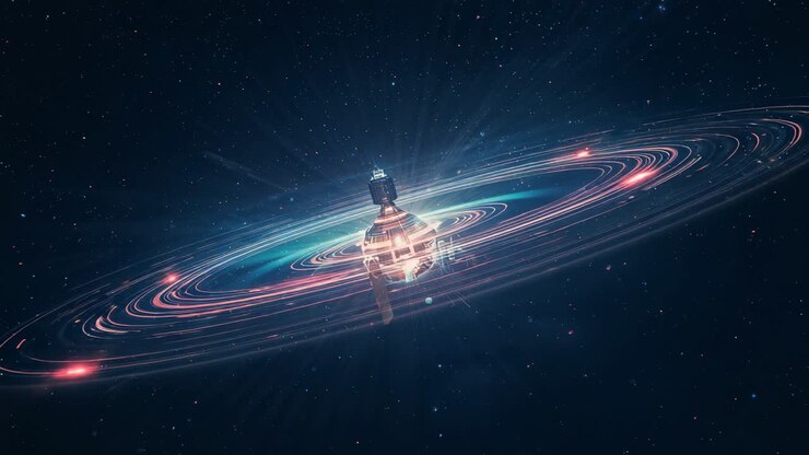 Drifting into view glowing spacecraft in deep space, with concentric neon rings rotating smoothly