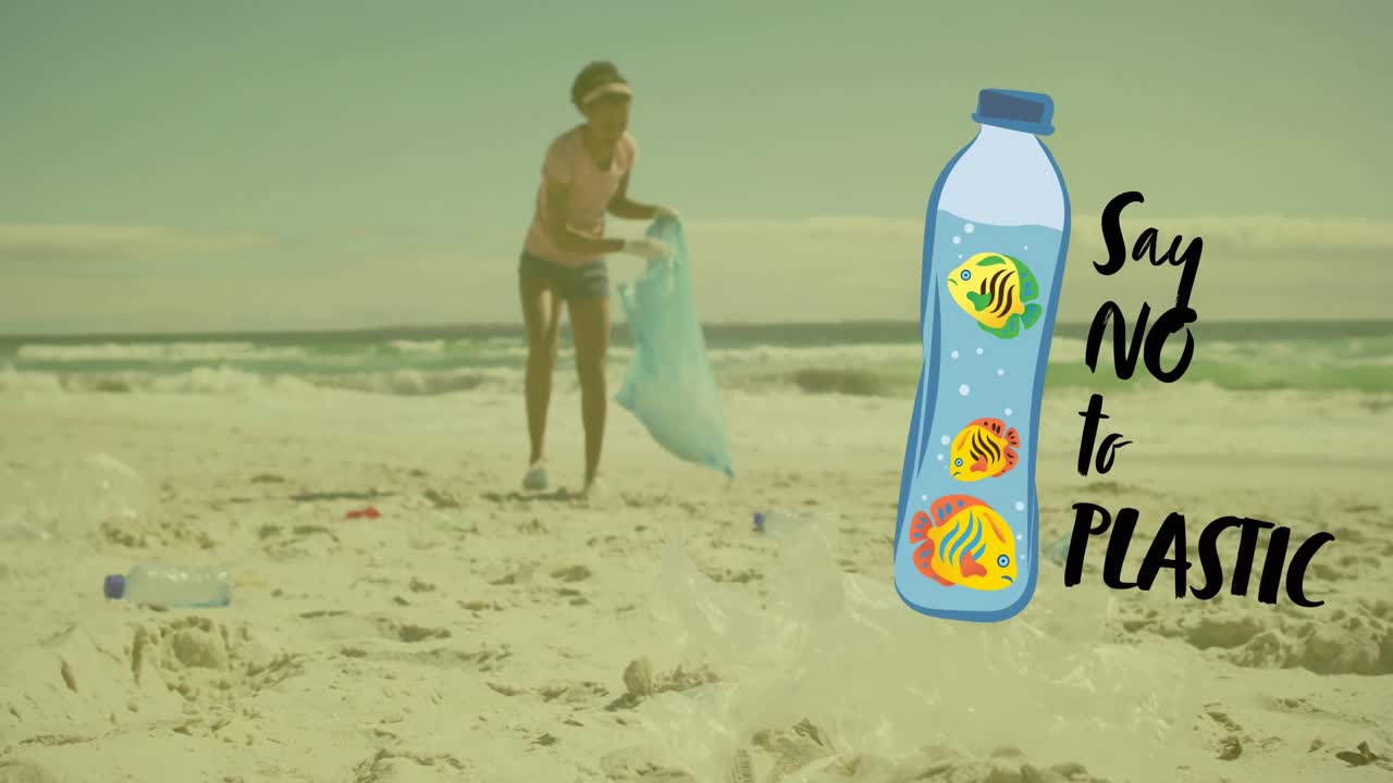 animación del icono de la ecología sobre una voluntaria afroamericana que segrega los desechos