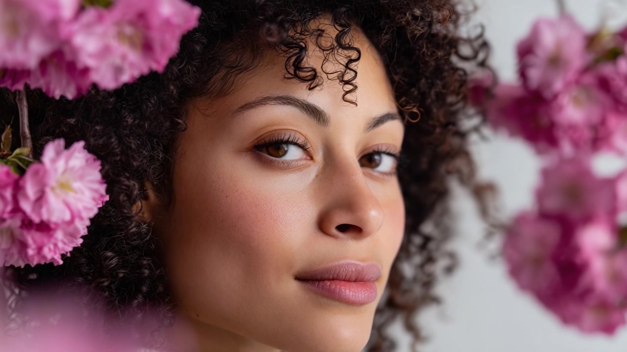 Un ritratto accattivante di una giovane donna incorniciata da vivaci fiori rosa, che mette in mostra la sua bellezza naturale e il suo sguardo espressivo in un'atmosfera serena e floreale