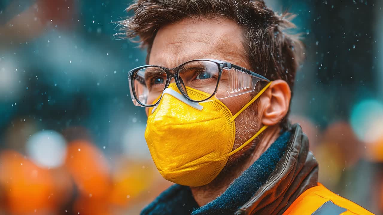 Focused individual wearing a bright yellow face mask and glasses, showcasing determination amidst a bustling environment with a snowy backdrop