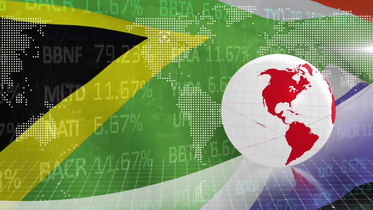 Animation of globe, data processing over flag of south africa