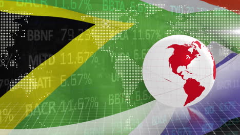 animation of globe, data processing over flag of south africa