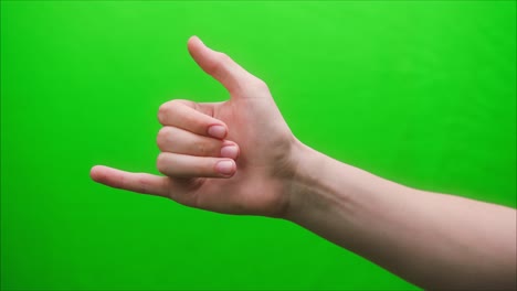 close-up of a hand gesture shaka on a green background, shooting gesturing in studio