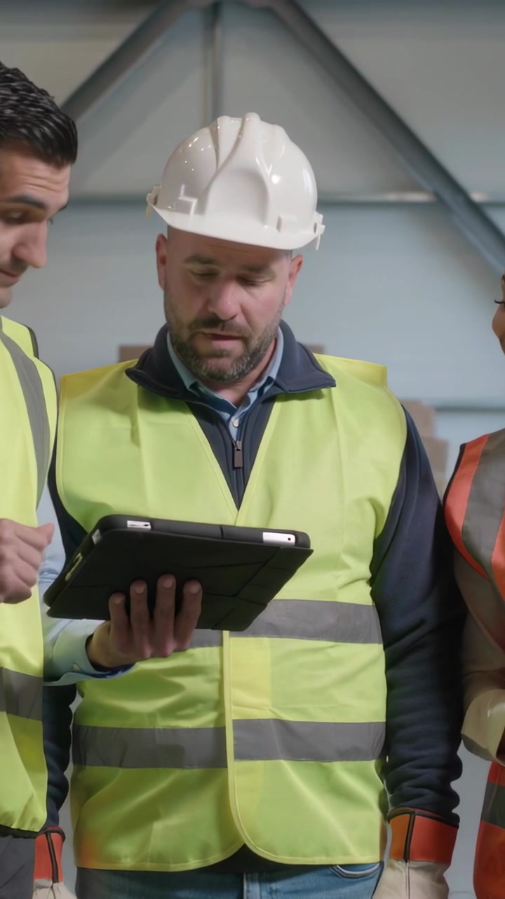 Vertical video: Pointing left worker tapping tablet, foreman reading plans in warehouse yellow vest