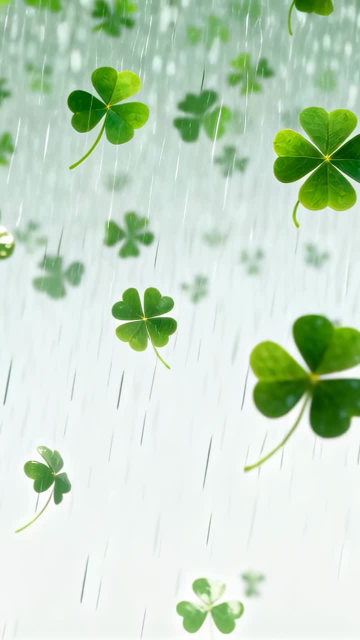 Vertical video: Drifting with rain starting, right green four-leaf clover rotating down, copy space