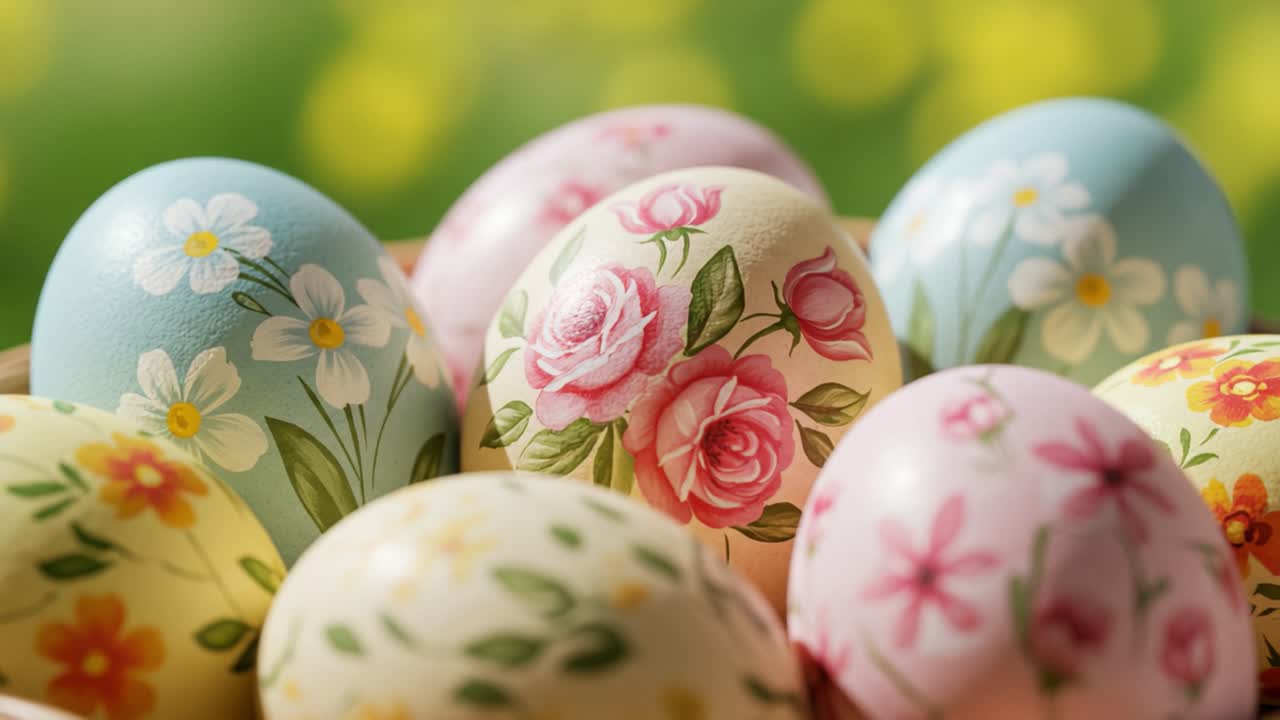 A Colorful Display of Artistic Easter Eggs Adorned with Floral Patterns in a Vibrant Spring Setting, Celebrating the Joys of Easter and the Beauty of Nature