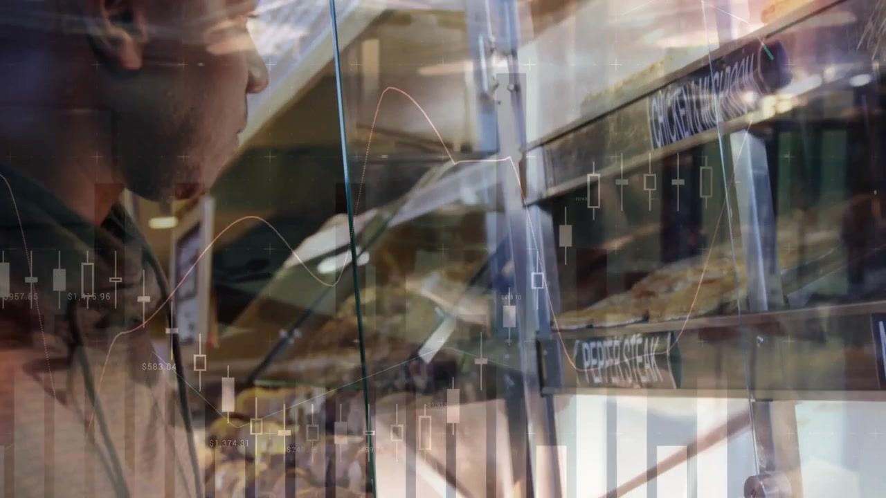 Man Choosing Food in Bakery with Financial Data Overlay