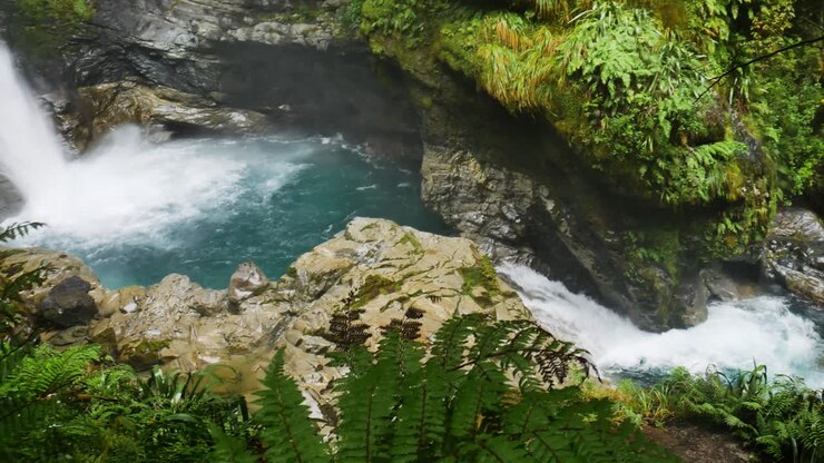 bellissimo scatto di una lussureggiante cascata che si schianta sulla piscina di acqua blu e sul ruscello tropicale - falls creek, parco nazionale di fiordland