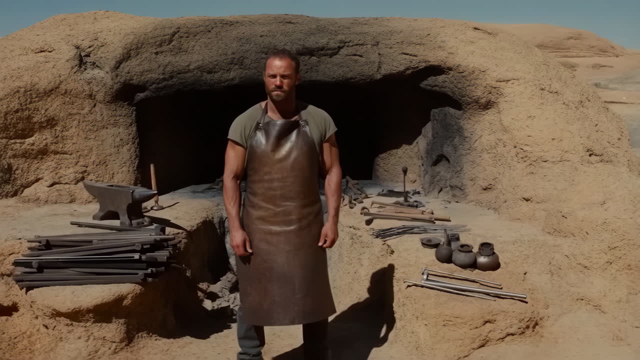 Blacksmith at an Outdoor Forge in a Rocky Desert Landscape