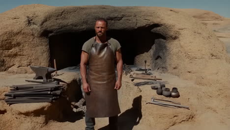 blacksmith at an outdoor forge in a rocky desert landscape