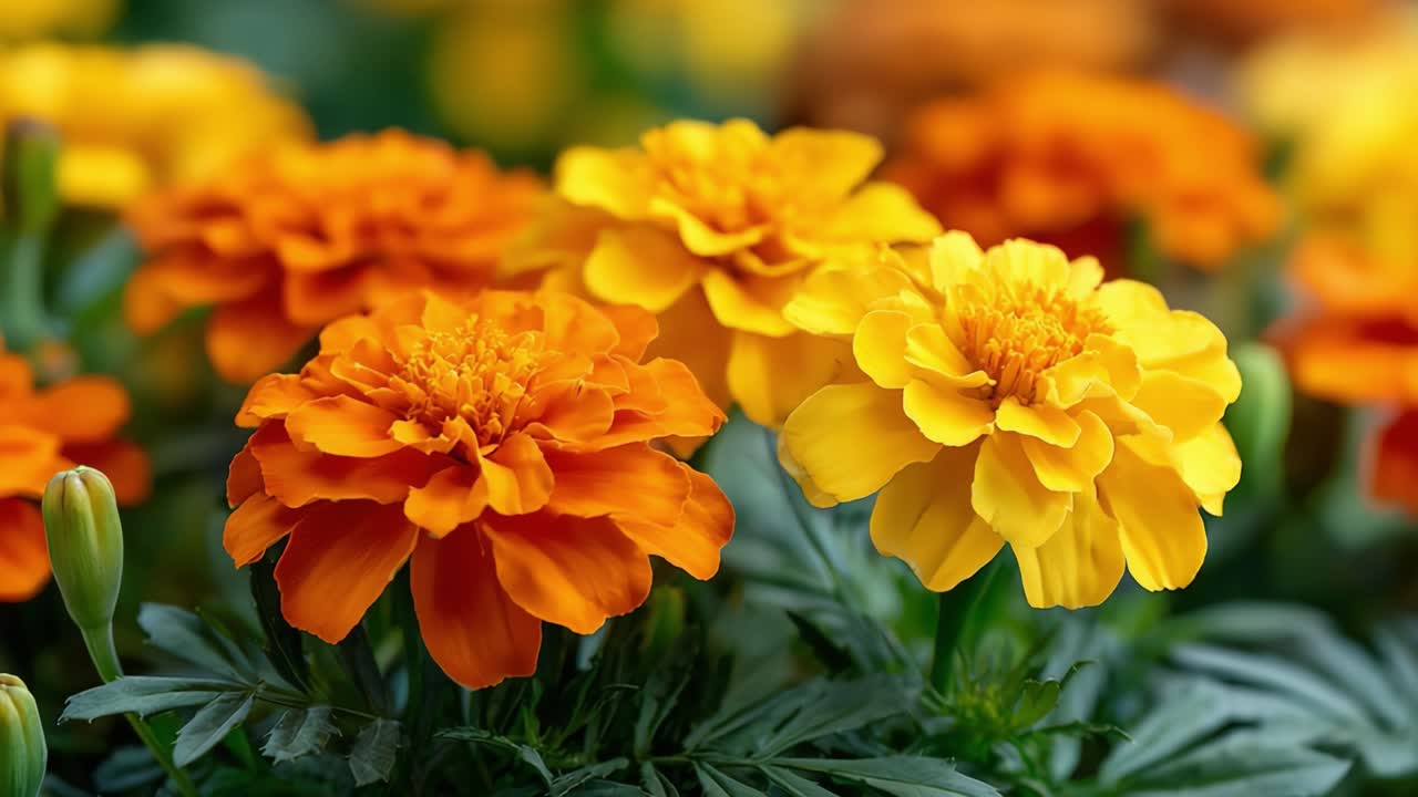Fiori di Calendula Vibranti in Piena Fioritura - Uno Spettacolo Accattivante di Petali Arancioni e Gialli Brillanti Circondati da Fogliame Verde Rigoglioso Catturato in uno Splendido Primo Piano