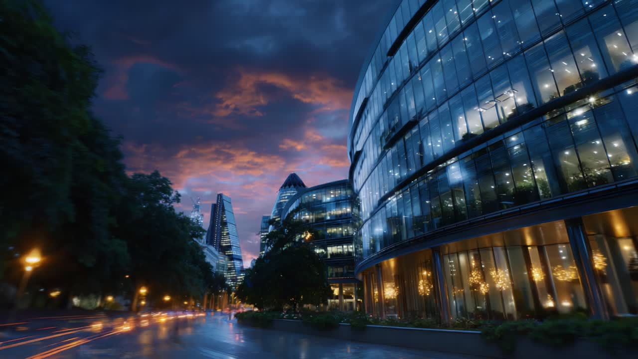 Paisagem urbana dramática ao entardecer: arquitetura moderna iluminada e céu nublado transformando o ambiente urbano no crepúsculo com cores vibrantes e reflexos