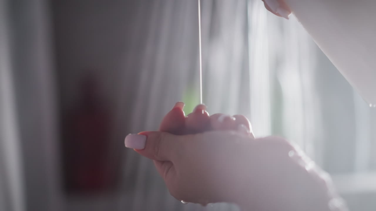 여성이 샤워하는 동안 손에 비누를 뿌리고 손에 비닐을 습니다. 여성은 손에 비둘기를 고 손에 기 시작합니다. 샤워 중인 여성의 주위에 물이 폭포로 떨어집니다.