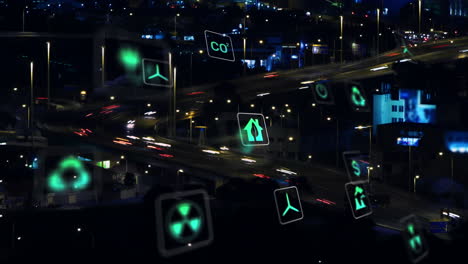 animación de múltiples iconos en cuadrados en el lapso de tiempo de vehículos en movimiento en el puente de la ciudad