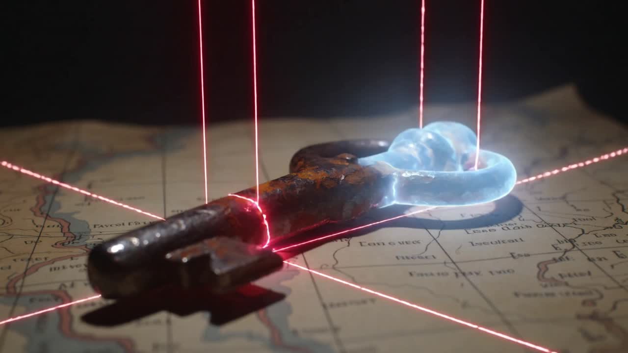Laser merah aktif memindai kunci di peta, menghasilkan model 3D dan kerangka holografik untuk teknologi.