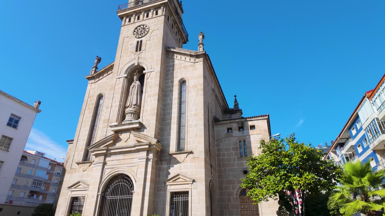 Establishing shot of Church de Fatima in O Couto, Ourense, Galicia, Spain