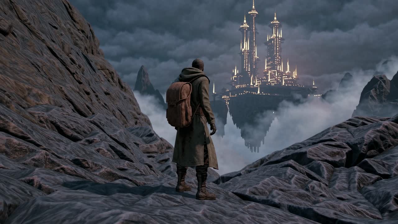 A traveler stands on rocky terrain, gazing at a mystical, illuminated castle floating among clouds