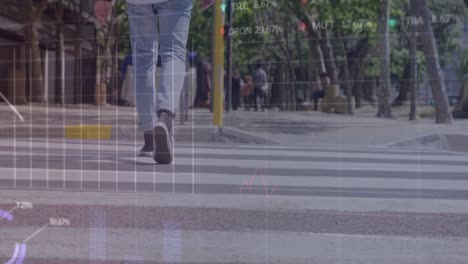 animación del procesamiento de datos financieros con números sobre diversas personas caminando por la calle