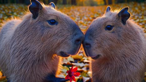 capybara couple in autumn forest