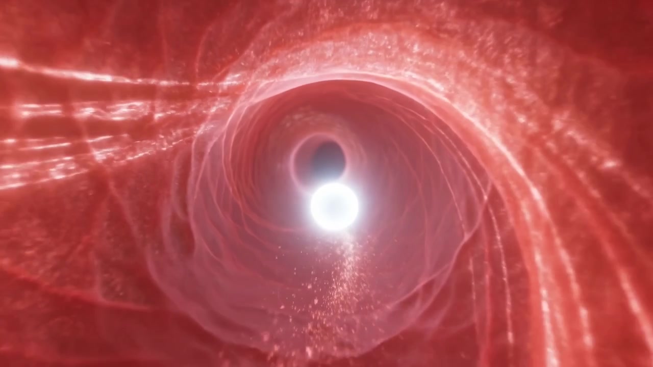 Una luce bianca brillante risplende vicino al centro di un tunnel rosso vorticoso, con striature curve, riflessi radiosi e uno sfondo astratto e liscio.