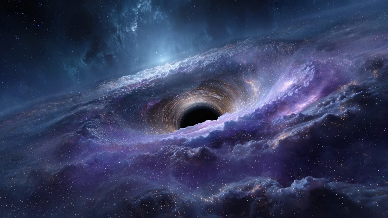 A Captivating Look at a Cosmic Black Hole: A Mysterious Vortex Surrounded by Majestic Nebulae and Stars Depicted in Stunning Detail