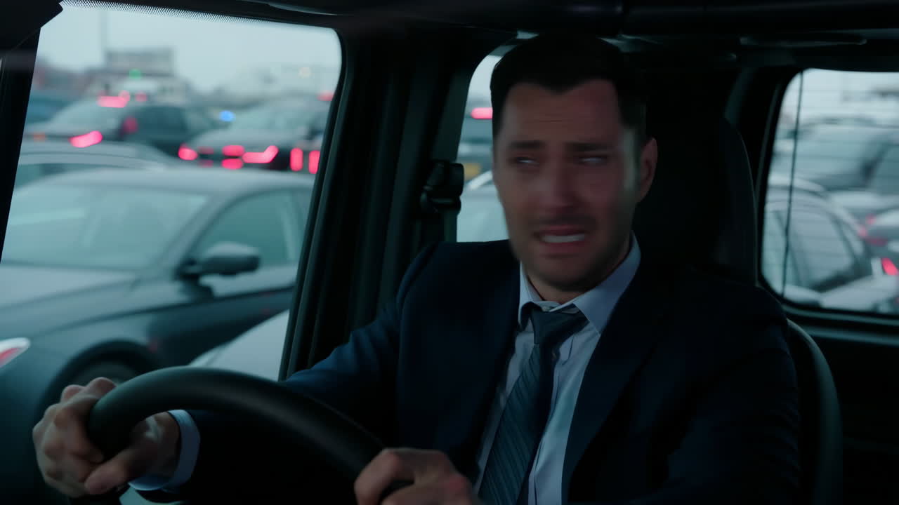 Man in Suit Showing Distress While Driving a Car