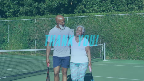 man and senior woman walking arm in arm on tennis court, holding rackets with health icons