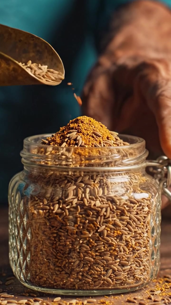 Carefully pouring aromatic spices into a jar, showcasing the intricate process of spice preparation and the rich colors of the ingredients being used.